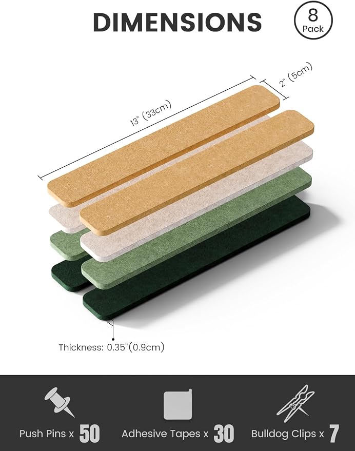 Fluxynara 13" x 2" Felt Wall Panels, Moss Glimmer | 8-Pack Includes 50 Push Pins and Adhesive Tabs for Photos, Notes and Decor in Bedroom Doors, Home Office or Studios - Image 2