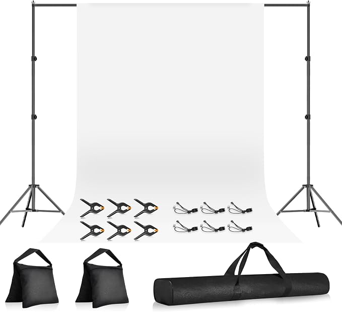10x7ft Photo Backdrop Stand Kit with 6x9ft White Backdrop Screen | Portable Photography Frame, Adjustable Support kit with 6 Clamps, Carry Bag for Photo, Video Recording, Streaming, Decoration by Qoolfoto