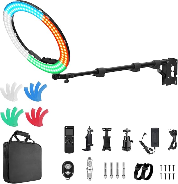 18” Ring Light with Wall Mount Stand and Wireless Remote, 4 Color Filters Bi-Color LCD Display 60W 3000-5800K CRI≥97 Light Ring for Video Recording/Photography/Beauty Shop/Tattoo/Barber | Bi-Color LCD Display 60W 3000-5800K CRI≥97 Light Ring for Video ... by IVISII