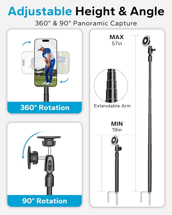 Magnetic Golf Phone Monopod, 57" Gust-Proof Metal Pole with Ground Spike | Snap-On MagSafe Lock, Swing & Putting Training Aid Tripod Stand, for iPhone 17 16 15, Galaxy, Android, Magnetic Cases - Image 5