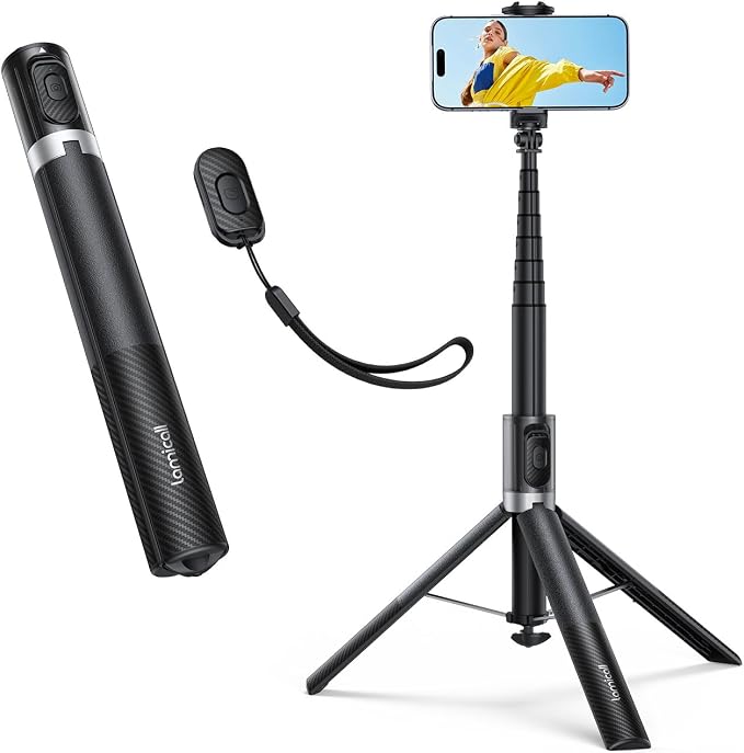 Lamicall 65" Tripod for iPhone 0.77lb Selfie Stick with Remote & Cold Shoe | Auto Open Phone Tripod Ultra-Stable Phone Stand for Recording for Travel Live Stream Vlog fit iPhone 17 Pro Max Android-Black by Lamicall