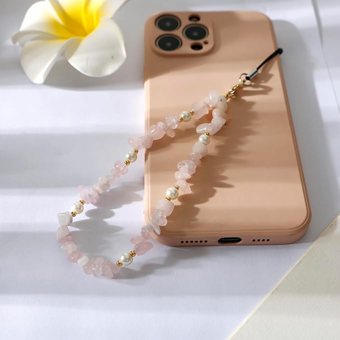 Natural Gemstone Phone Charms Wrist Strap - Cell Phone Lanyard Beaded Strap for Women Girls (Pink) - Image 4