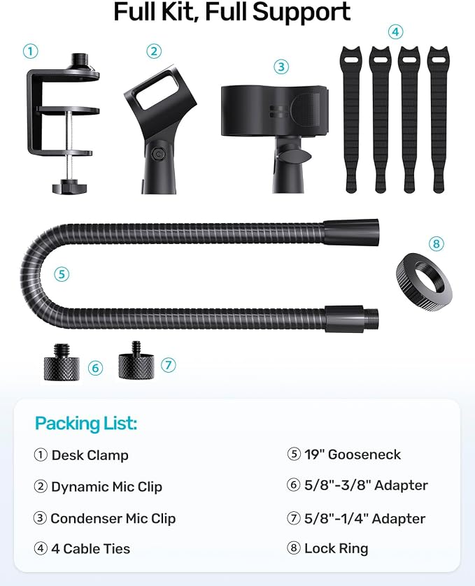 19" Gooseneck Microphone Stand for Desk, Clamp-On Arm with Heavy-Duty Clamp | 5/8-to-3/8 & 1/4 Adapters, Black Steel, Sturdy Clip, Easy Clamp-On Mount, for Podcast, Pulpit, Podium, Studio, Broadcasting - Image 8