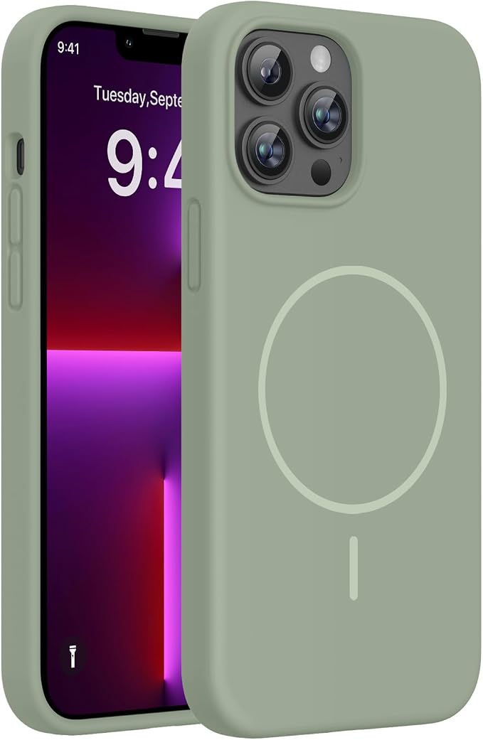 miracase Magnetic for iPhone 13 Pro Max Case, [Soft Anti-Scratch Microfiber Lining], Compatible with MagSafe, Liquid Silicone Shockproof Drop Protection Phone Case for 13 Pro Max, Patina Green by Miracase