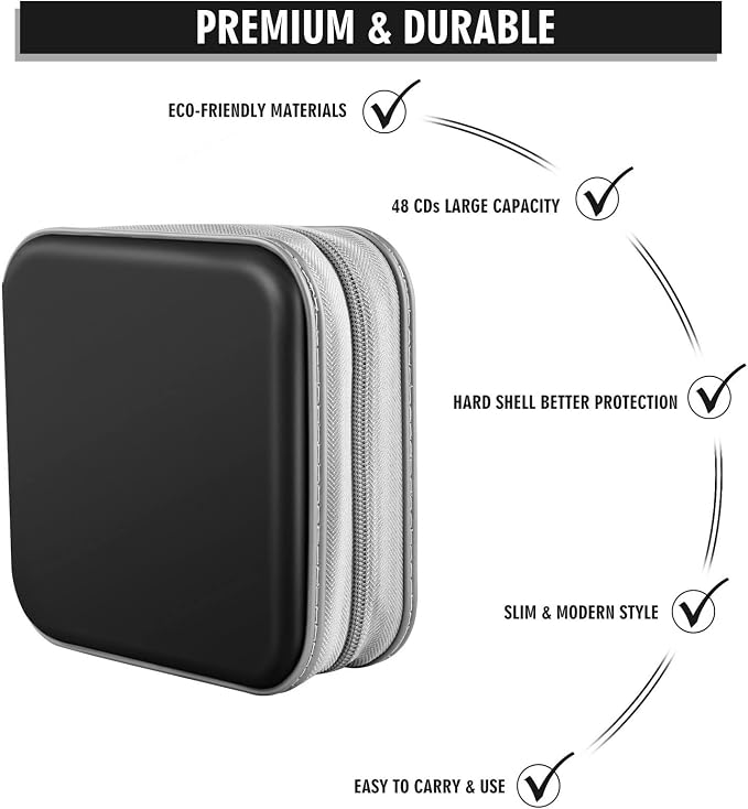 CD/DVD Case Wallet, 48 Capacity, Black, Plastic, Portable, Lightweight | Zipper‑DVD Organizer, Scratch‑Resistant Sleeves Shield Discs From Dust & Damp; Stores Music, Video, Gaming & Blu‑ray Discs - Image 3