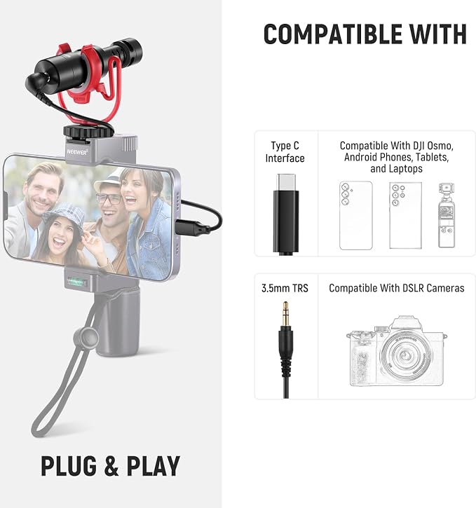 NEEWER VM10 Plug & Play Vlog Microphone for Camera, Mini Supercardioid Mic | 20-20KHz, Compatible with Sony Canon Nikon iPhone Samsung Android Tablet Mac, 3.5mm TRS, USB C OTG, Shock Mount, Windscreen - Image 5