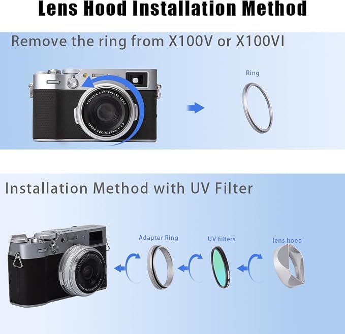 Metal Square Lens Hood (with Cap) with 49mm Adapter Ring for Fujifilm X100V/X100VI Camera Accessories (X100VI-Lens Hood-Silver) - Image 8