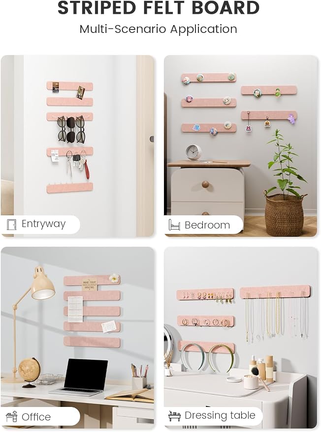 Fluxynara 13" x 2" Felt Wall Panels, Pink | 5-Pack Includes 35 Push Pins and Adhesive Tabs for Photos, Notes and Decor in Bedroom Doors, Home Office or Studios - Image 6