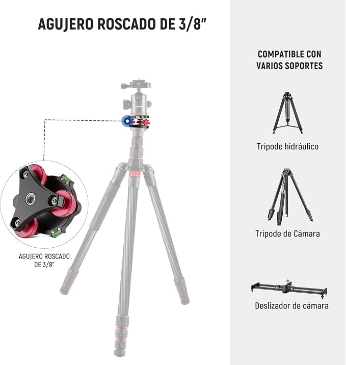 NEEWER Tripod Head Leveling Base Camera Leveler 3 Axis Tri Wheel Head, LP64 | Aircraft Grade Aluminum Alloy, 3/8" Thread, -5° Precise Angle Adjustment, for Macro Panoramic Photography - Image 5