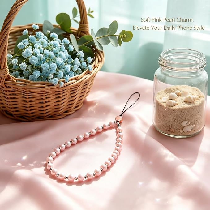Phone Charm Beaded Strap Cute Cell Phone Wrist Straps String Accessories Hand Aesthetic Lanyard Wristlet Chain for iPhone 17 Pro Camera Case AirPods Bags Keychains Women Girls Rose Gold Pearl - Image 3