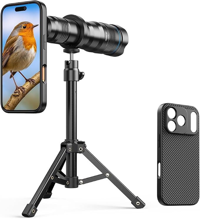 APEXEL 36x Telephoto Lens Compatible with iPhone 17 Pro | Photography for Travel, Birdwatching, Exploration | Kit with Sturdy Metal Tripod and Threaded Phone Case by Apexel