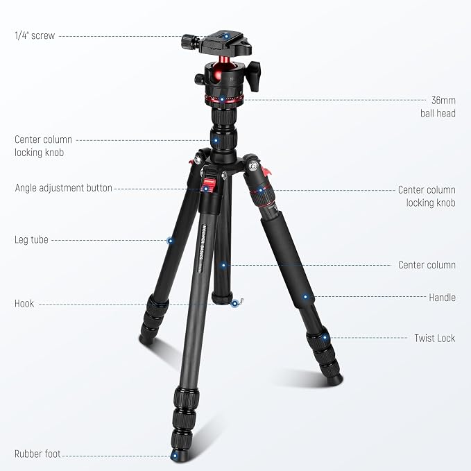 NEEWER Basics Carbon Fiber Travel Tripod Monopod, 64" Compact Lightweight Portable Camera Cell Phone Holder Stand Compatible with iPhone Video Recording, Arca Type Ball Head, Max Load 13.2 lbs, TP17B - Image 8