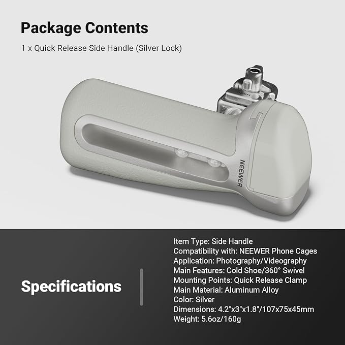 NEEWER Quick Release Side Handle with Anti Off Cold Shoe, 360° Rotation, Nonslip Grip, Compatible with iPhone 17 Pro Max 16 S25 Ultra Phone Cage Accessories, PA148 (Silver) - Image 7