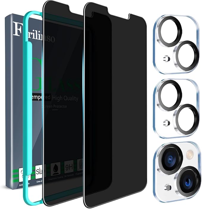Ferilinso Privacy Screen Protector for iPhone 13/14, Tempered Glass | 2 Pack, 9H+ Hardness, Military-Grade Shatterproof, Case Friendly, Easy Installation Bubble Free, with Camera Lens Protector by Ferilinso