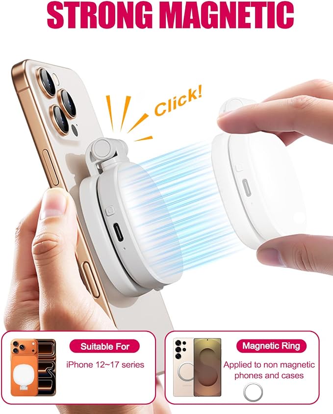 Magnetic Selfie Light, Foldable LED Ring Fill Light with Mirror, White | Rechargeable Portable Phone Lamp Compatible with iPhone & Android for Selfies, Vlog, Makeup & Photography Accessories - Image 3