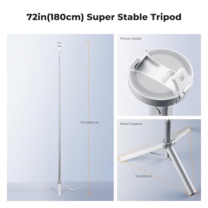 K&F CONCEPT 72" Selfie Stick for iPhone, Magnetic Phone Tripod, White | Clip & Magnetic, Remote, 1s Open & Close, Compatible with iPhone 17-12 Osmo Pocket 4/3 Luna Ultra, X97C6 - Image 4