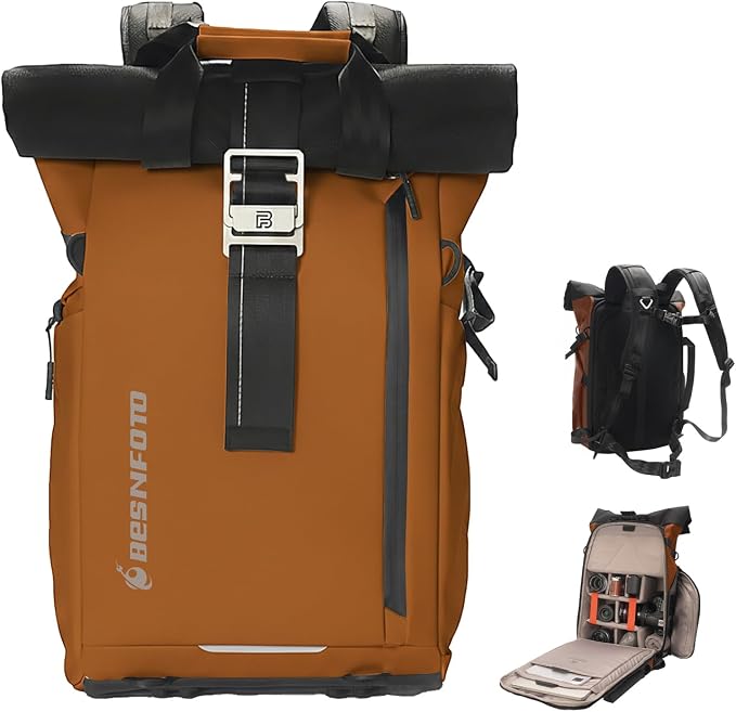 Camera Backpack, Waterproof Travel Camera Bag for Photographer Expandable Roll Top Photography Case for DSLR SLR Mirrorless Camera Fit up to 15.6 inch Laptop with Rain Cover by Besnfoto