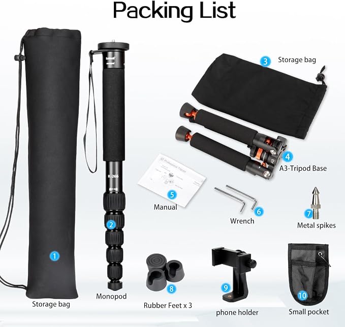 Koolehaoda 69" Camera Monopod with Removable Tripod Base, 6 Sections-Black | Aluminium Lightweight Portable Travel for DSLR Mirrorless Cameras and Camcorders Video Load up to 13lbs - Image 9