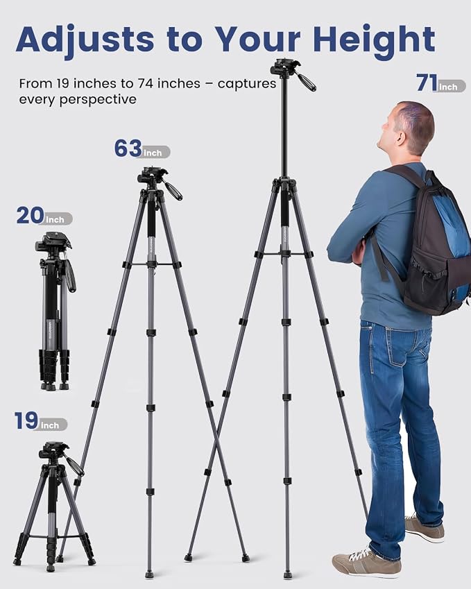 CAMBOFOTO 74″ Camera Tripod, Phone Tripod for iPhone Lightweight Tripod | 360° Pan Head Gunmetal Gray Heavy‐Duty Tripod Stand for DSLR & Mirrorless Cameras/Smartphones/GoPro, with Phone Mount - Image 3
