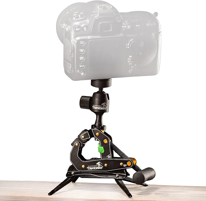Camera Clamp Mount Tabletop C Clamp Mount Stand with Phone Holder, 360°Rotatable Mini Ball Head and 1/4" Screew Quick Release Clamp for GoPro/Brinno/DSLR/MILC/SLR Camera and Smartphone by TAKEWAY