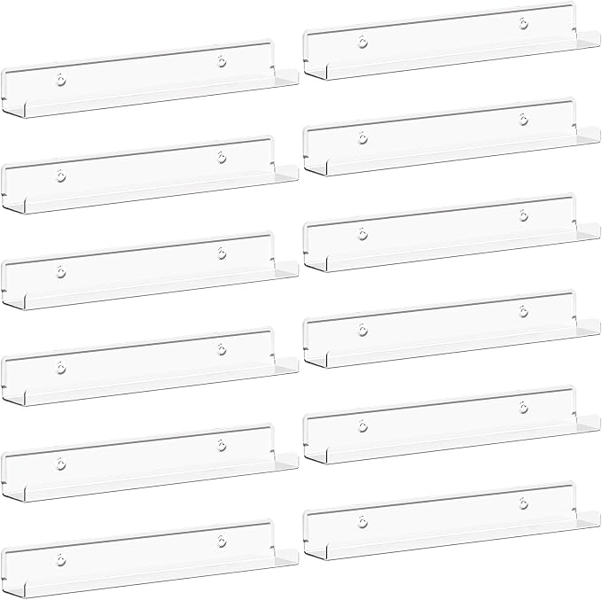 Lifewit Narrow Acrylic Floating Shelves for Vinyl Record 12", Clear 12 Pack | Wall Shelf for Nail Polish, Book, Picture, Makeup, Album Covers Display Organizer for Bedroom, Living Room, Bathroom Decor by Lifewit