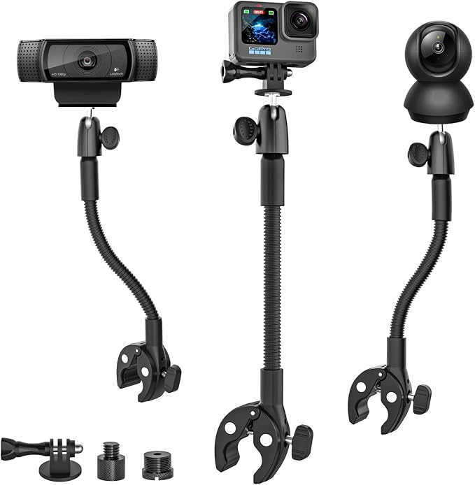 Gooseneck Clamp Camera Mount, Flexible Gopro Clamp Mount Kit | with 1/4“ 3/8" 5/8" Screw, for Handlebar, Desk, Tube, Cross Bar, for GoPro Hero 13, Insta 360, Action Camera, Logitech Webcam by Kolasels