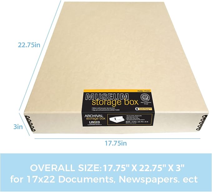 Lineco Museum Archival Storage Box, Drop Front, 17.75x22.75x3 in, Tan | Acid-Free with Metal Edge, Preserves Picture Longevity, Organize Photos, Newspapers, Prints, Documents, Crafts, DIY - Image 3