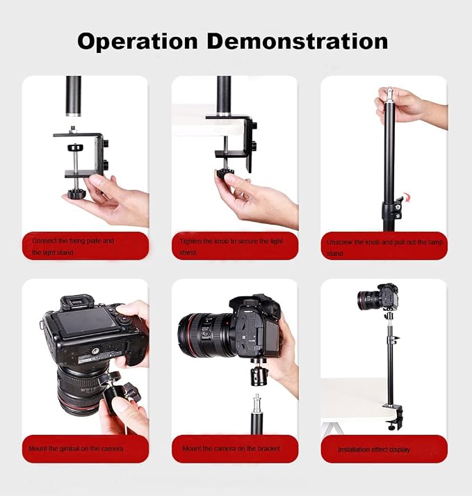 Camera Desk Mount with C Clamp, 18"-23" Adjustable Desktop Light Stands with 1/4" Ball Heads Cold Shoe Adapters, Sturdy Metal Clamp for Webcam, DSLR Camera, Ring Light, Microphone, Max Load 2kg - Image 6