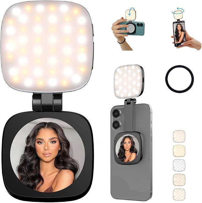 Magnetic Selfie Light Compatible with MagSafe for iPhone – Rechargeable LED Fill Light with Mirror, CRI≥95, 5 Color Temps, Foldable Ring Light by PIDINUK