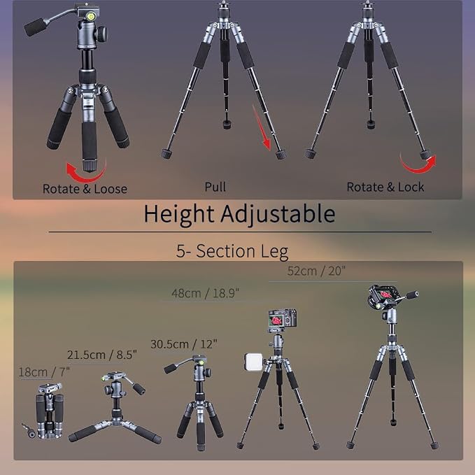 Portable Desktop Mini Tripod with Panning Handle, 20" / 52cm Desk Tabletop Aluminum Alloy Stand with 360° Ball Head, Compact Tripod for DSLR Camera Video Camcorder, Load up to 13lb / 6kg - Image 4