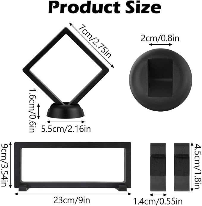 6 Pcs 3D Floating Display Case, Clear PE Film Jewelry Storage Box, Challenge Coins Display Holder Frame for Ring Necklace Shell Stamp Specimens Rocks, Black, 3.5 x 9X 0.8 in, 2.7 x 2.7 x 0.8 in - Image 4