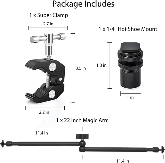 UTEBIT 22 Inch Magic Arm Camera Mount with Super Clamp 1/4" 3/8" Screw Hole | Adjustable Articulating Friction Camera Boom with 360° Ball Heads Arm for Monitor, LED Light, Webcam, Action Camera - Image 6