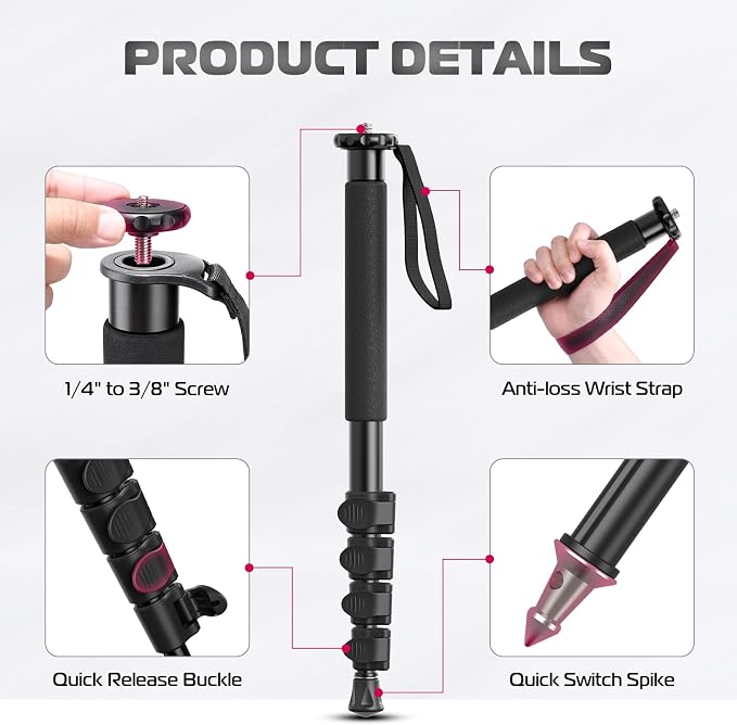 ULANZI TB12 61-Inch Camera Monopod - Portable Tripod & Monopod Photography Stick with 5-Section Height, Aluminum Compact Travel Camera Stick for Canon, Nikon, Sony Mirrorless, DSLR, Easy to Carry - Image 6