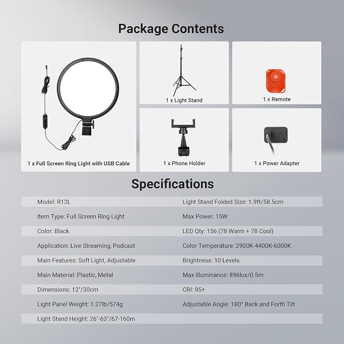 NEEWER BASICS 12" Large Ring Light with 63" Tripod Stand/Phone Holder/Remote Compatible with iPhone, 15W LED Bi Color Full Screen Lighting for Video Recording Selfie Streaming Makeup Photography, R12L - Image 8