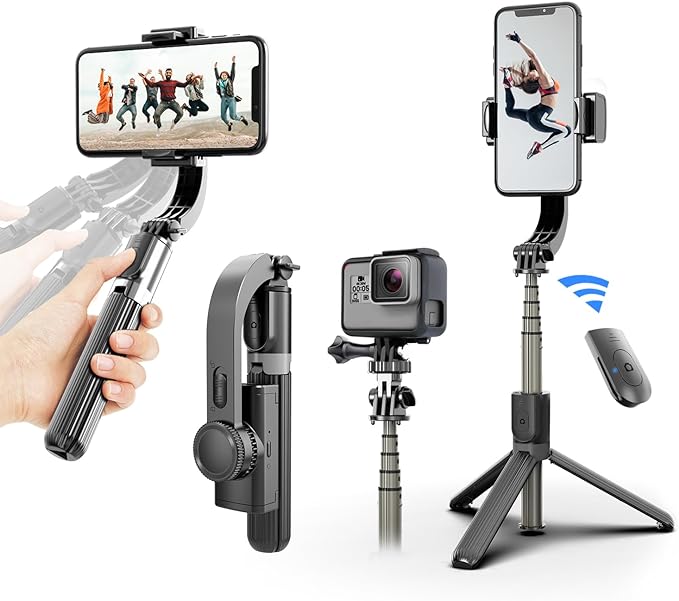 Gimbal Stabilizer for Smartphone ，with Retractable Selfie Stick and Tripod，1-Axis Multifunction Remote 360°Automatic Rotation， Auto Balance for iPhone/Android by irianu