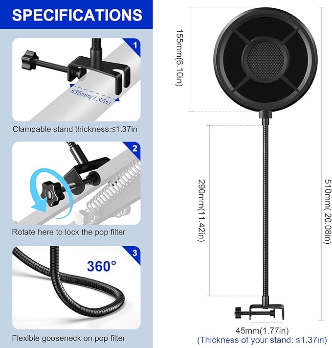 Microphone Pop Filter,Aokeo Mic Mask Shield,Three-layer Wind Pop Screen With Flexible 360° Gooseneck Clip Stabilizing Arm For All Microphone - Image 6