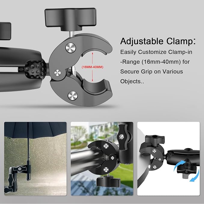Double Clamp Camera Mount - Universal Bracket for Golf Carts, Umbrella Clamp, Desktop, Strollers, Wagons, Photo Studio, and More, Magic Arm Double Ball Head Adapter - Image 4