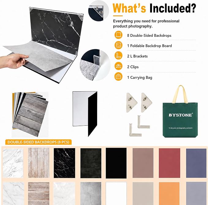 BYSTONE Product Photography Backdrops Kit, 8 Pcs Photo Backdrop Board | 16 styles for small product photos, food, jewelry and cosmetics; A3 16.5 x 11.7 in, for UGC creators and sellers. - Image 2