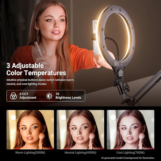 NEEWER Entry Level Version 10.5" Overhead Desktop LED Ring Light, Clamp Stand for Desk/Remote/Phone Holder Compatible with iPhone, 10W Streaming Recording Selfie Laptop Video Conference Lighting, N31 - Image 4