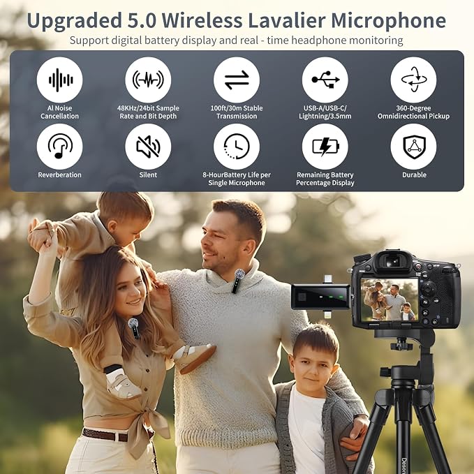 Microphone for iPhone & Android, Wireless Mini Microphone | Battery Display, Clear Voice, Noise Cancelling, 3 in 1 Lavalier Mic for TikTok, YouTube & Interviews, Dual Mic - Image 3