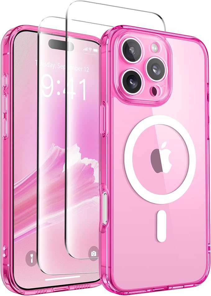 CAPRARO for iPhone 16 Pro Case, Compatible with MagSafe | Upgraded [Full Camera Protection] Protective Translucent Matte Women Girl Magnetic Phone Case Cover, Clear Neon by CAPRARO