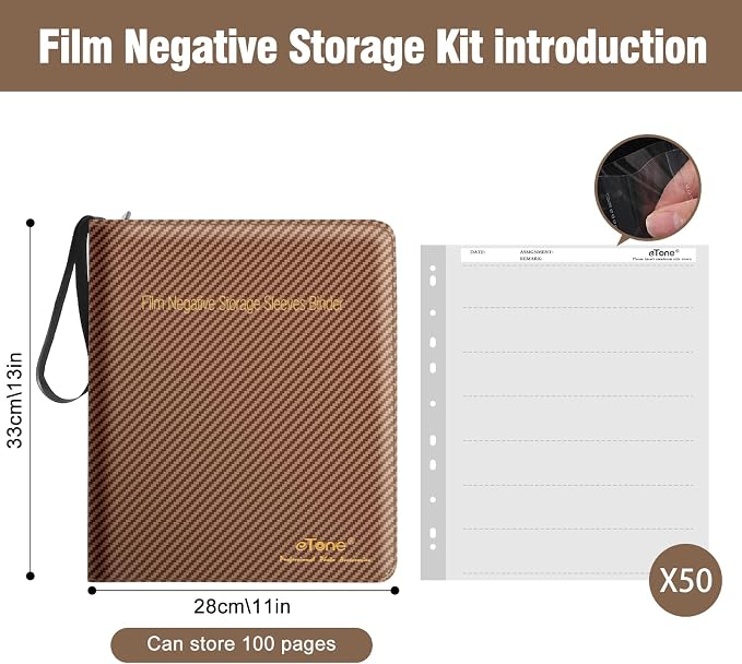 eTone Film Negative Storage Album, Black PU Leather, 50 35mm Acid-Free Sleeves, Triple Ring Binder Box, 13.18x7.08x1.96 Inch (Brown) - Image 2