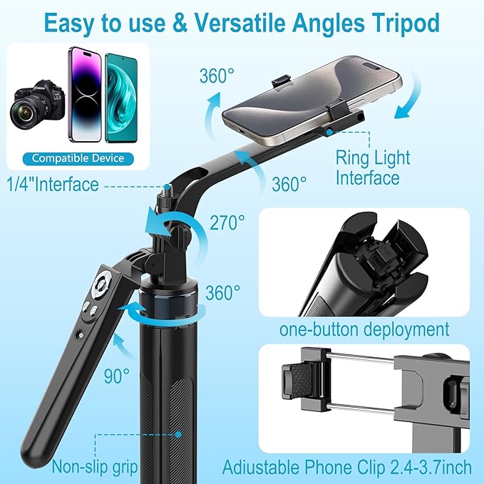 71" Content Creator Essentials Vlogging Kit - 2 Lights & 2 Mics | 360° Rotating Auto Face Tracking Tripod for iPhone/Android/Camera with Wireless Remote, No App for Vlog, Live, Video Record - Image 6