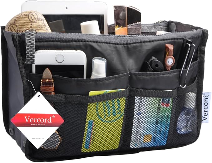 Vercord Purse Organizer Insert for Handbags Bag Organizers Inside Tote Pocketbook Women Nurse Nylon 13 Pockets Black Large - Image 2