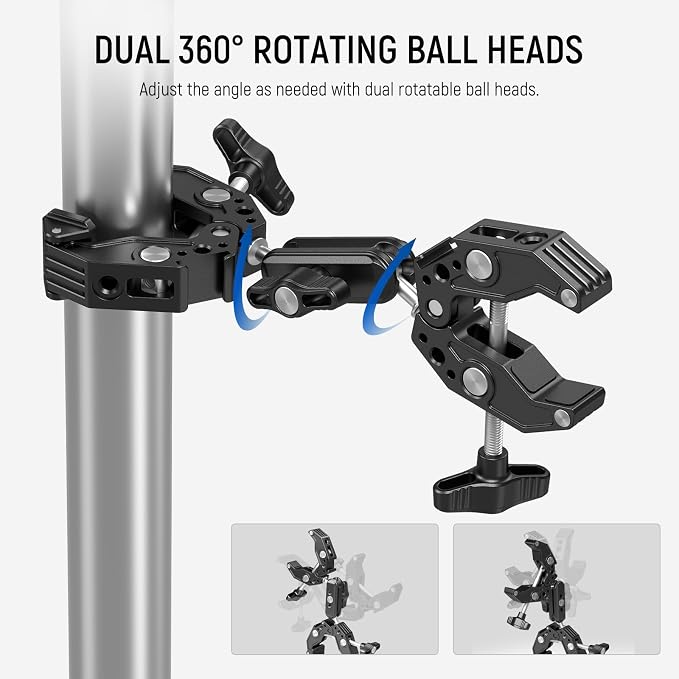 NEEWER Double Super Clamp with Magic Arm, Cleaning Cloth, Umbrella Camera Pole Clamp Mount for Desk Photo Studio Light Stand, Reflector, Scrim, Cross Bar, Motorcycle, Photography Accessories, UA036 - Image 4