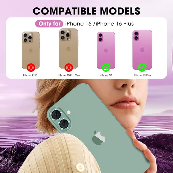 for iPhone 16/16 Plus Camera Lens Protector Bling Glitter, Green | Individual Metal, 9H Hardness, Scratch Resistant, Shockproof, Drop Protection, Case Friendly, Stylish Accessories - Image 2