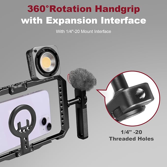 Magnetic Phone Cage with Handle,Smartphone Cage Kit with 360° Rotation Handgrip and Magnetic Sticker for Photography,Compatible with iPhone 17/16/15/14/13 Series and Andriod Phones (Black) - Image 4