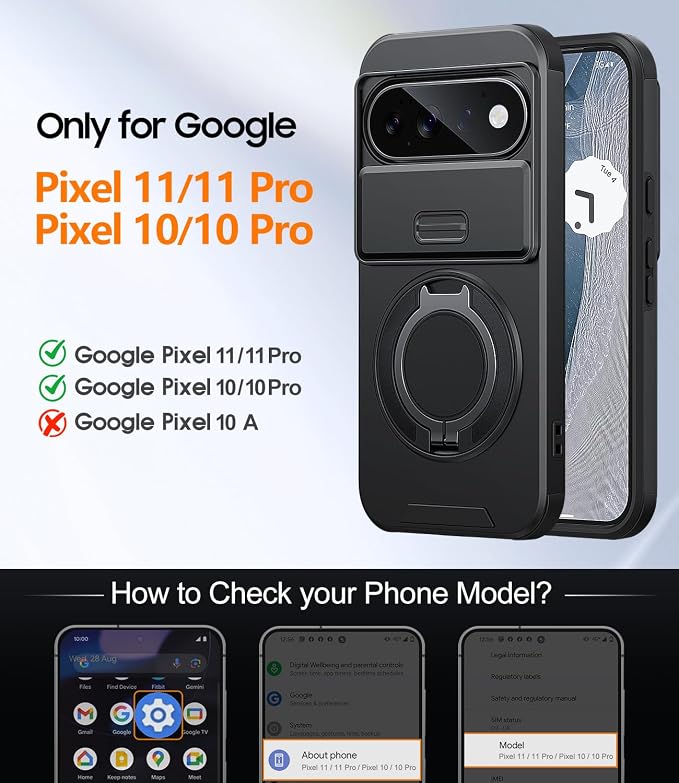 JAME for Google Pixel 10/10 Pro/11/11 Pro Case, Stand & Slide Camera Cover | Ring Holder Kickstand, Screen Protectors, Dual-Layer Shockproof Protective, Magnetic Accessory Friendly Phone Case, Black - Image 2