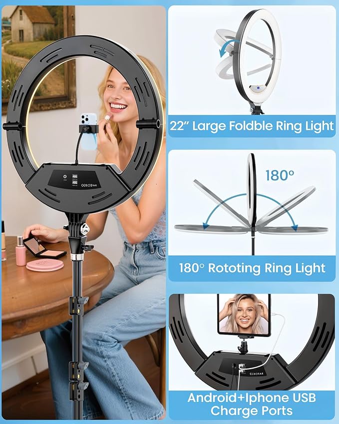 22" Ring Light with Stand: Touch Screen LED Display & 75" Tall Tripod, | 3 Color modes 6500K / 2 USB Ports Foldable LED Big Ring Light Tripod for Live Stream,YouTube,TikTok Video Shooting - Image 3