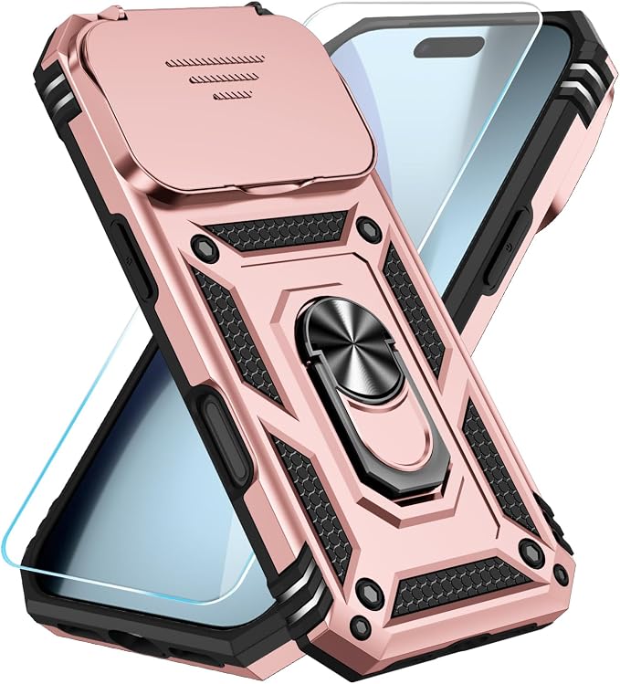 SunStory Phone Case for iPhone 17 Pro Case with HD Screen Protector & Slide Camera Cover & Rotated Ring Kickstand, [Military-Grade] Phone Case for iPhone 17 Pro, Rose Gold by SunStory